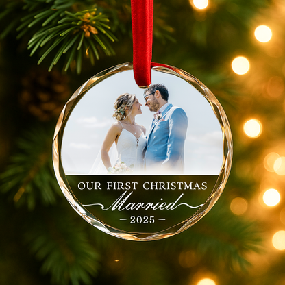 Our First Christmas Married, Custom Glass Ornament With Couple Photo