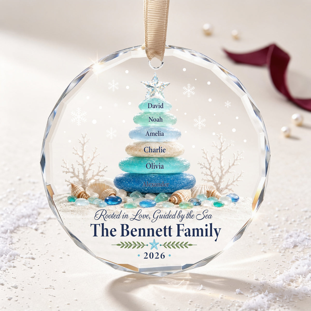 Personalized Sea Glass Christmas Tree Ornament – Custom Family Names Coastal Glass Keepsake 2026