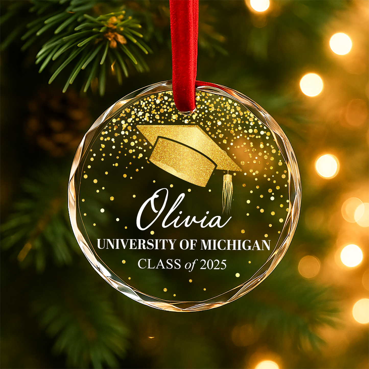 Graduation Cap Gold Confetti Custom Glass Ornament