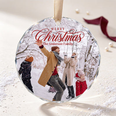 Personalized Merry Christmas Family Glass Ornament – Custom Family Photo and Name, Winter Holiday Keepsake Gift