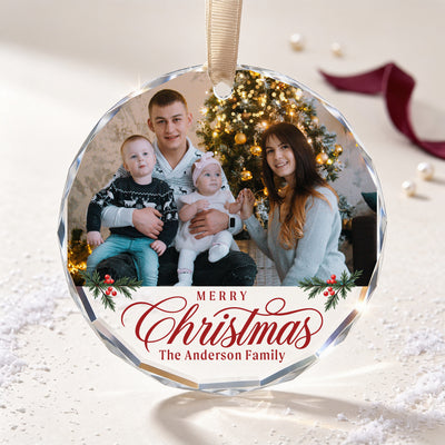 Personalized Family Christmas Glass Ornament – Custom Family Photo and Last Name, Merry Christmas Family of Four Keepsake Gift