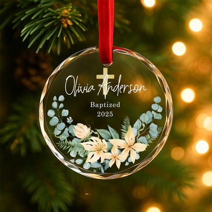 Baptized Ornament with Floral Cross