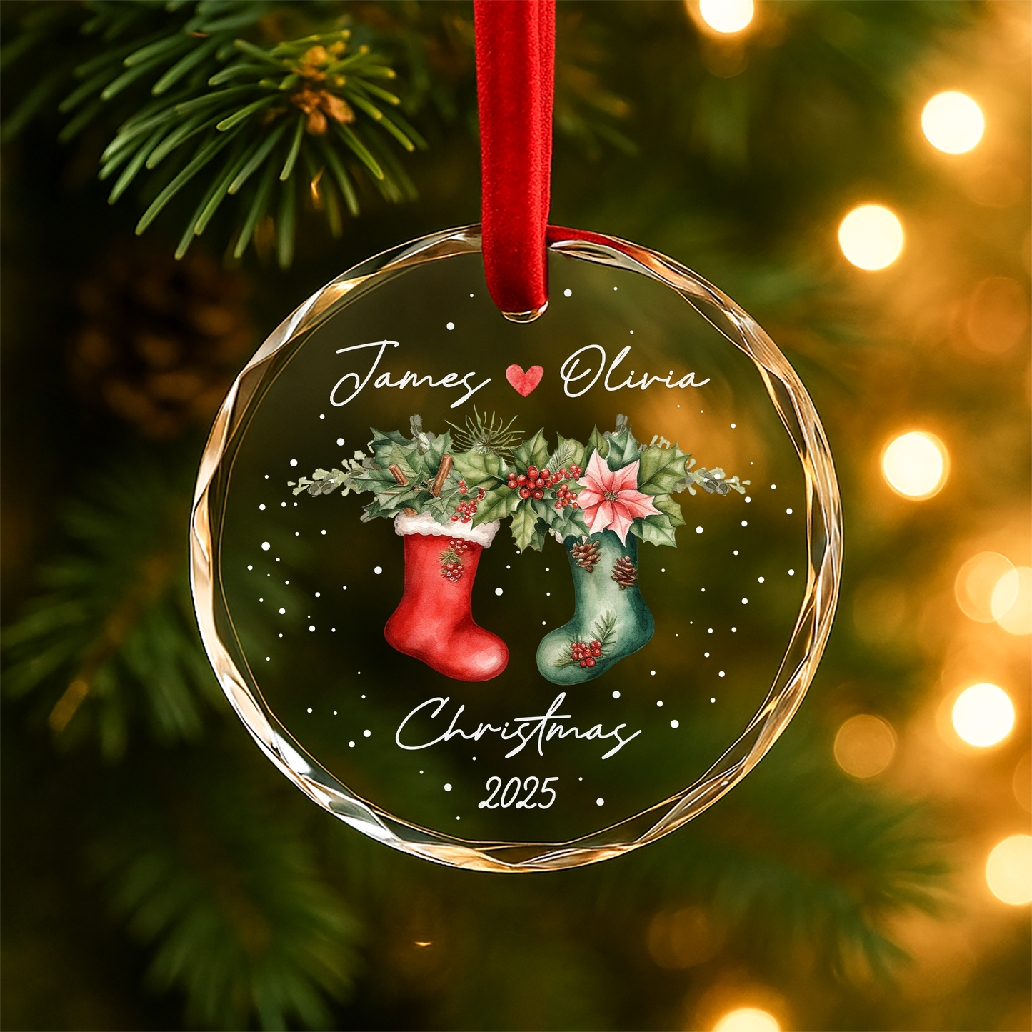 Couple Christmas Ornament with Matching Stockings, Custom Names & Year
