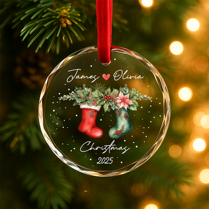 Couple Christmas Ornament with Matching Stockings, Custom Names & Year
