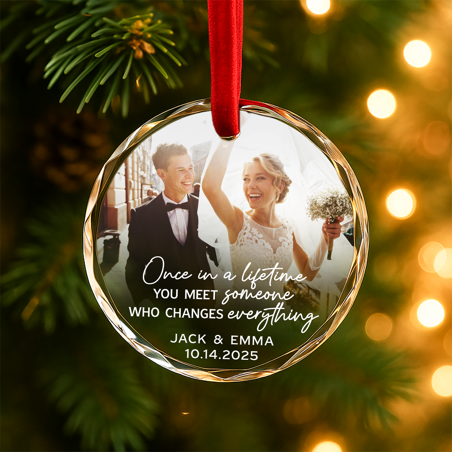 Once in a Lifetime Wedding Photo Custom Glass Ornament