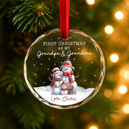 First Christmas as My Grandpa Grandma Snowman Family Custom Glass Ornament