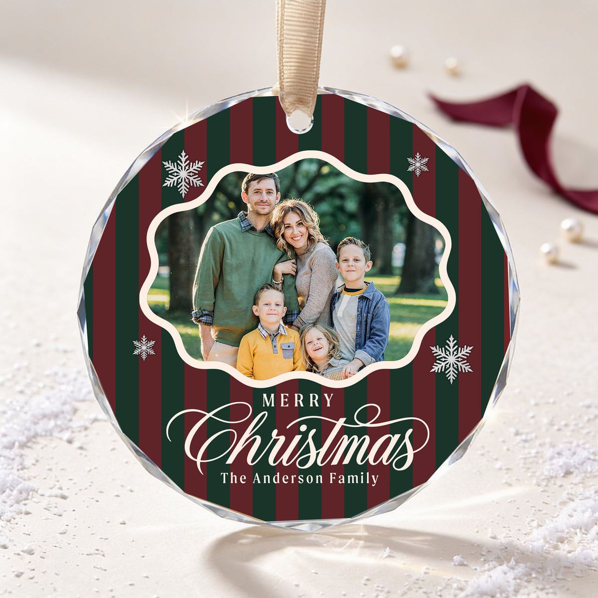 Personalized Merry Christmas Glass Ornament – Custom Family Photo and Last Name, Vintage Red and Green Striped Holiday Keepsake Gift