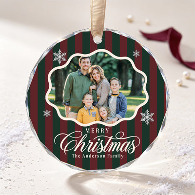 Personalized Merry Christmas Glass Ornament – Custom Family Photo and Last Name, Vintage Red and Green Striped Holiday Keepsake Gift