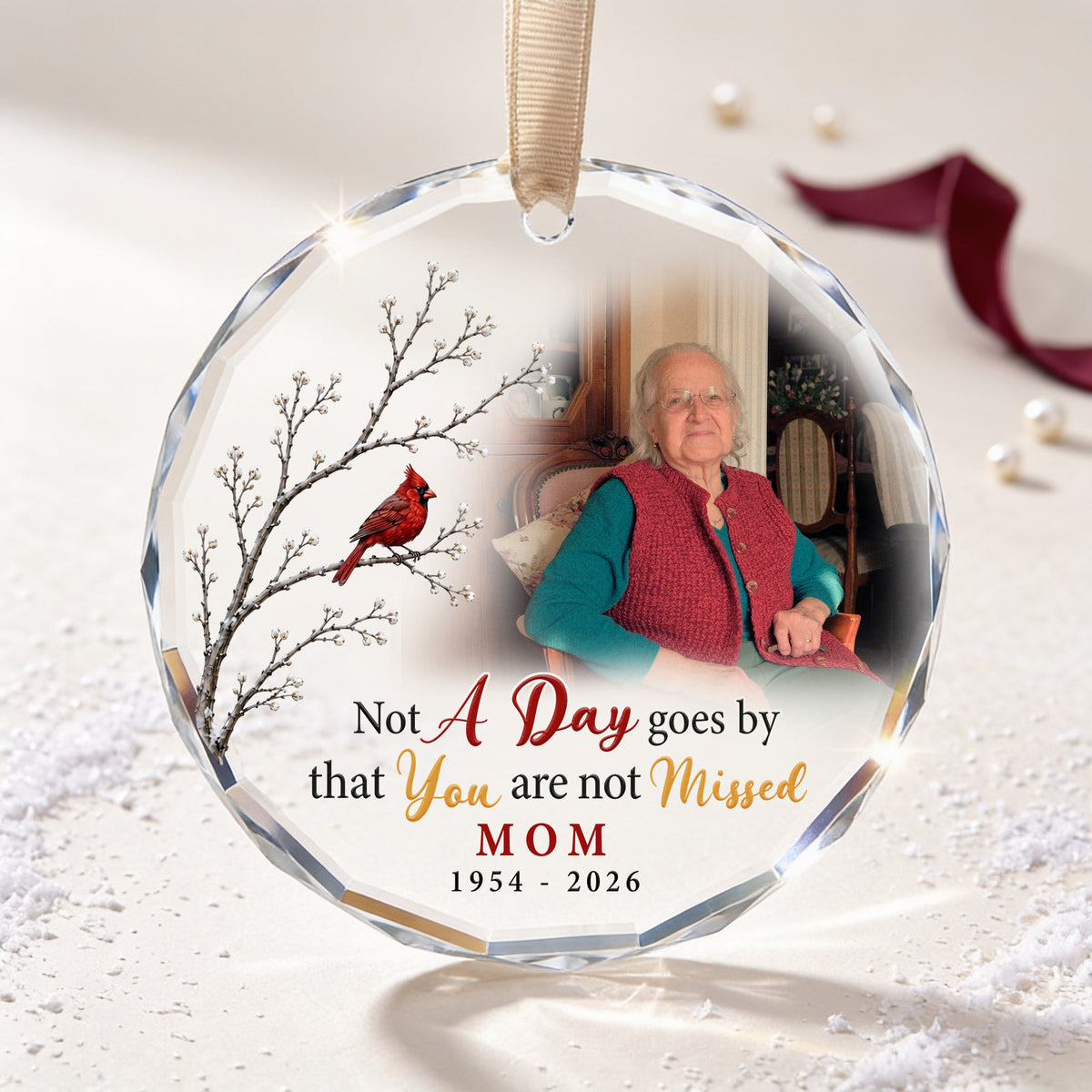 In Loving Memory of Mom Glass Ornament – Personalized Cardinal Memorial with Custom Photo, Sympathy Keepsake Gift