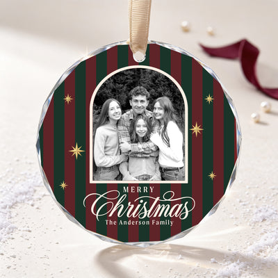 Personalized Merry Christmas Glass Ornament – Custom Black and White Family Photo and Last Name, Vintage Striped Christmas Keepsake Gift
