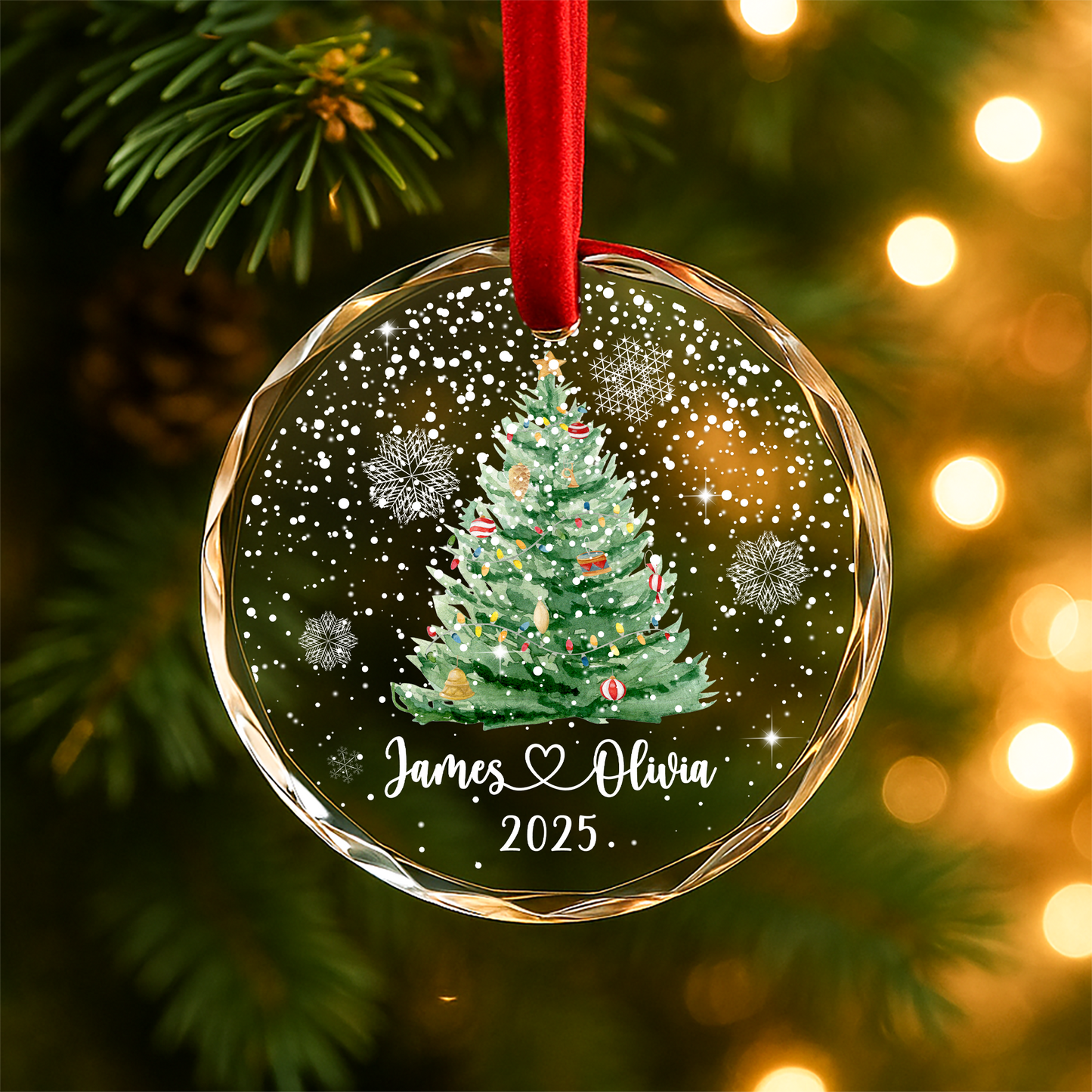 Christmas Tree Ornament with Couple Names, Personalized Holiday Keepsake