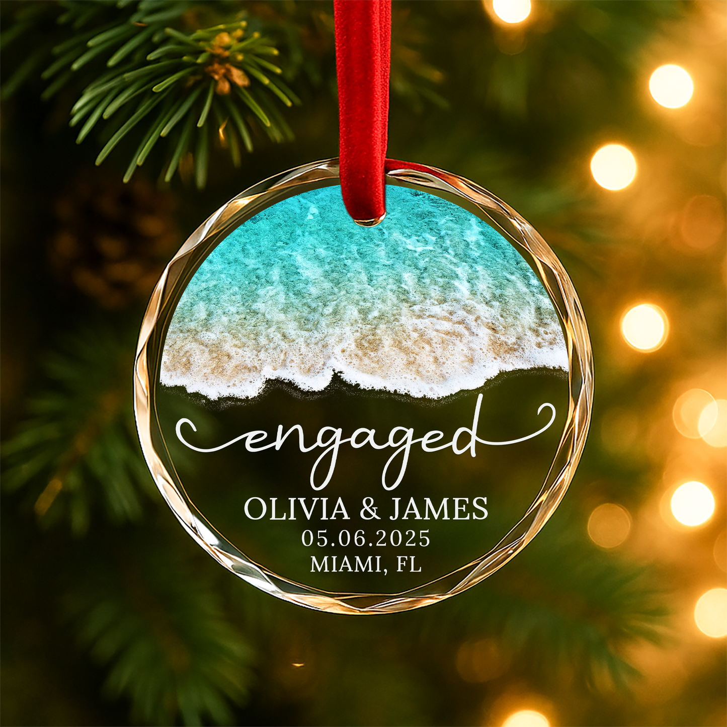 Engaged on the Beach Ornament, Ocean Shoreline Design, Custom Names & Date