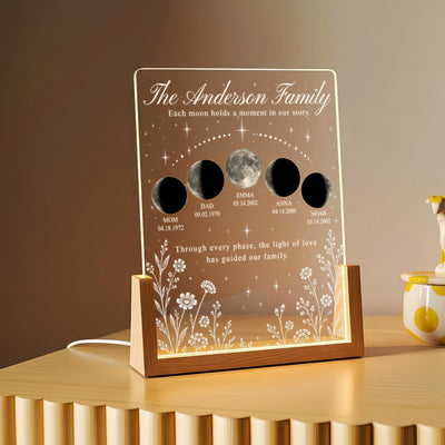 Personalized Moon Phase Family LED Night Light – Custom Family Name, Birth Dates and Moon Phases, Family Memories Keepsake Gift