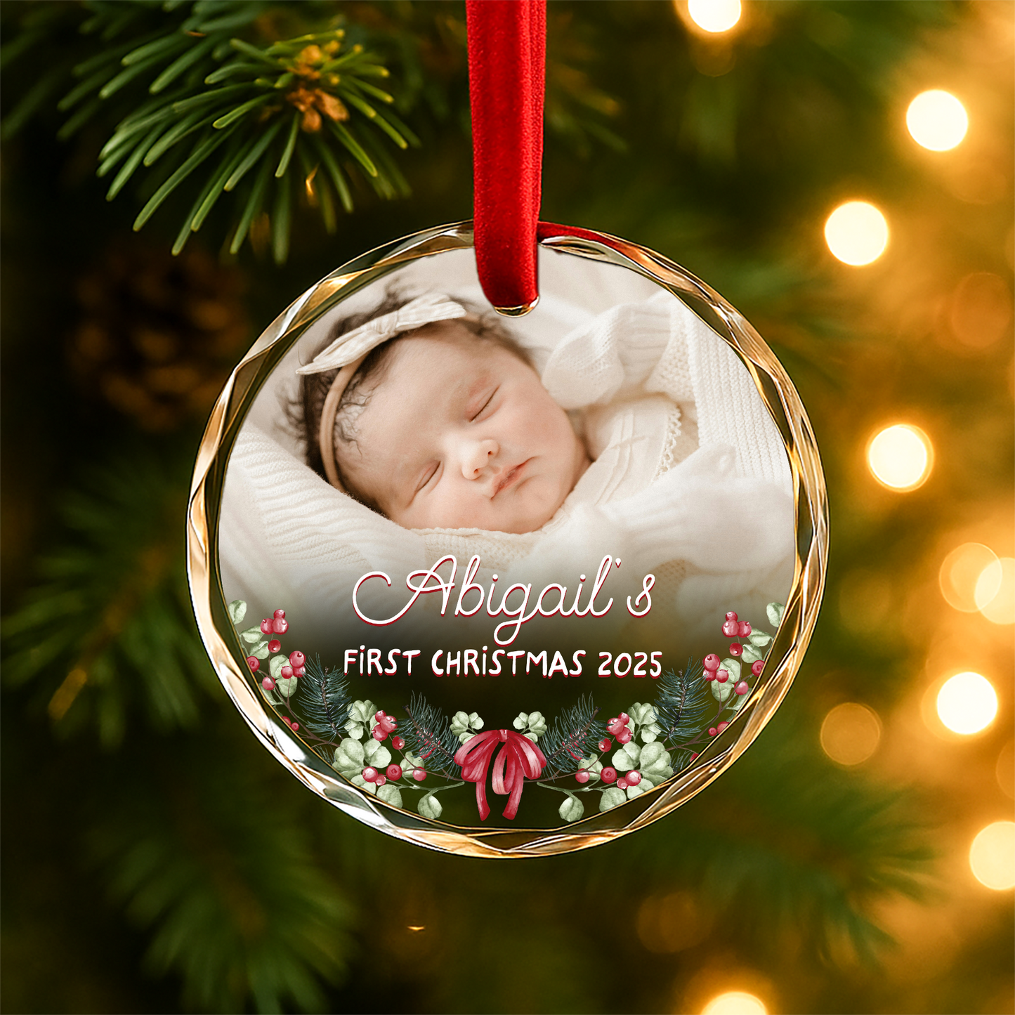 Baby’s First Christmas Photo with Floral Border Custom Glass Ornament