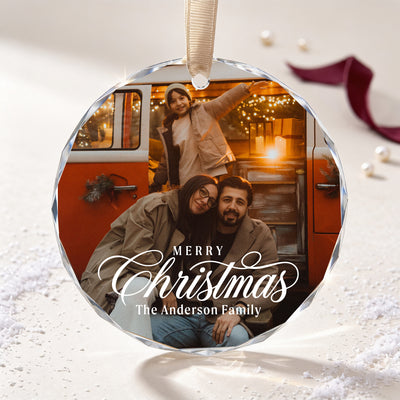 Personalized Family Christmas Glass Ornament – Custom Family Photo and Last Name, Merry Christmas Keepsake, Holiday Gift for Parents