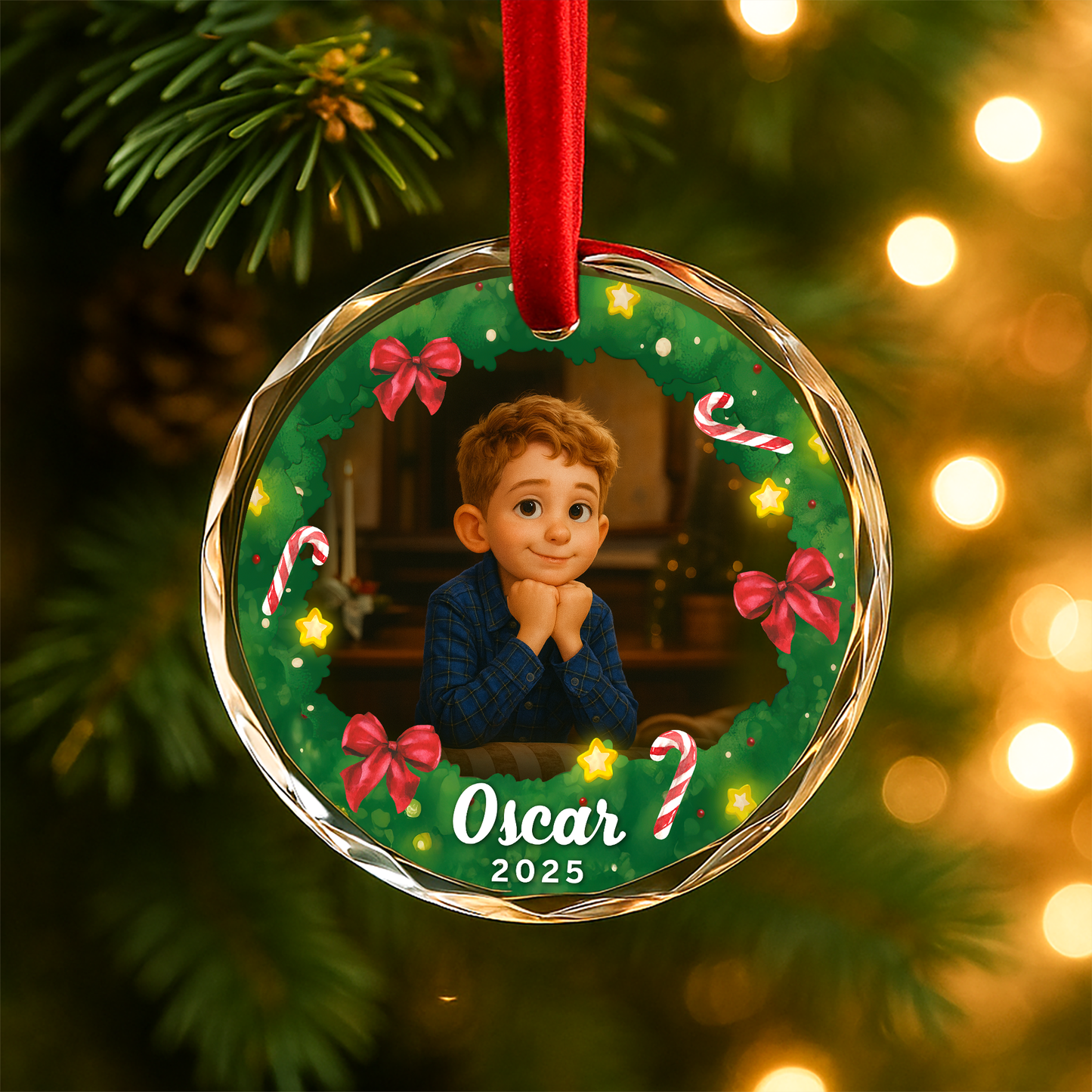 Cartoon Style Child Portrait Christmas Wreath Custom Glass Ornament