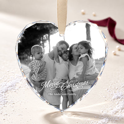 Personalized Merry Christmas Heart Glass Ornament – Custom Black and White Family Photo and Last Name, Family Memories Keepsake Gift