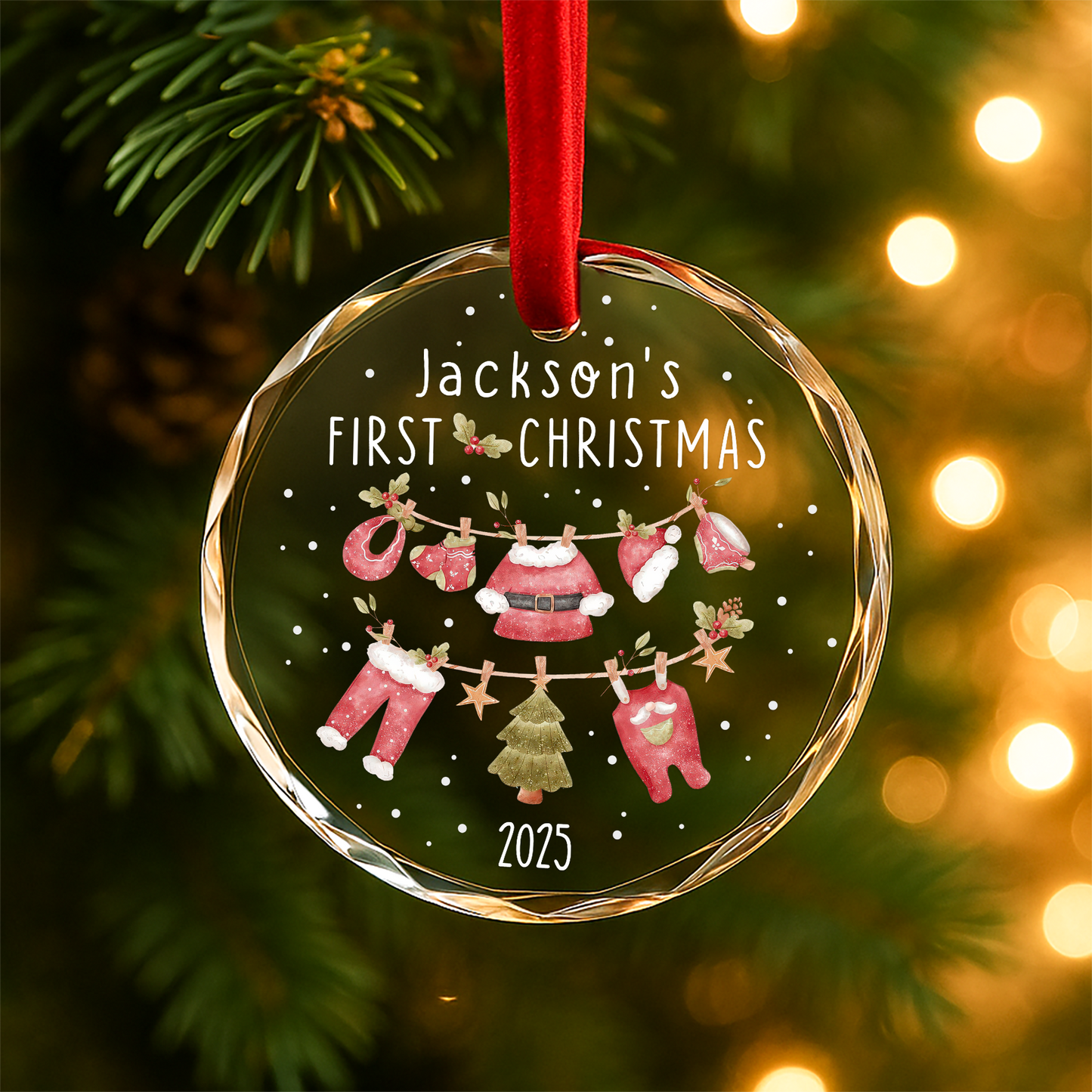 My First Christmas Baby Clothes Garland Custom Glass Ornament