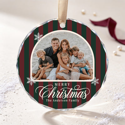 Personalized Christmas Glass Ornament – Custom Family Photo and Last Name, Vintage Scalloped Frame with Snowflakes, Holiday Family Keepsake Gift