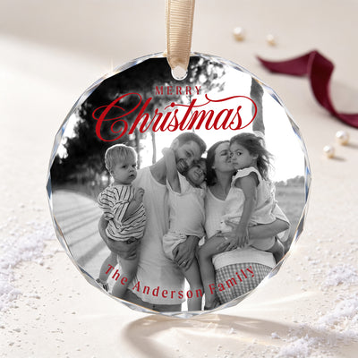 Personalized Merry Christmas Family Glass Ornament – Custom Black and White Family Photo and Last Name, Family of Five Keepsake Gift