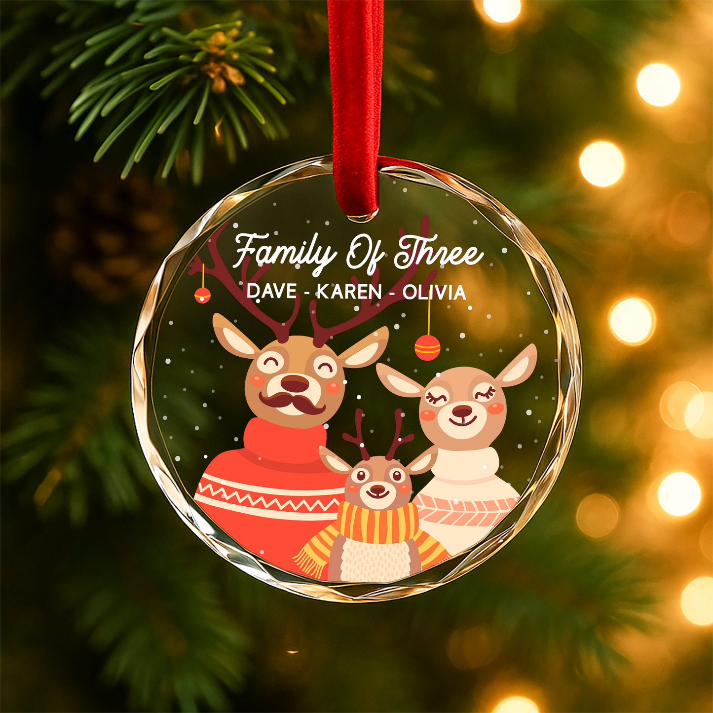 Family of Three Reindeer Custom Glass Ornament