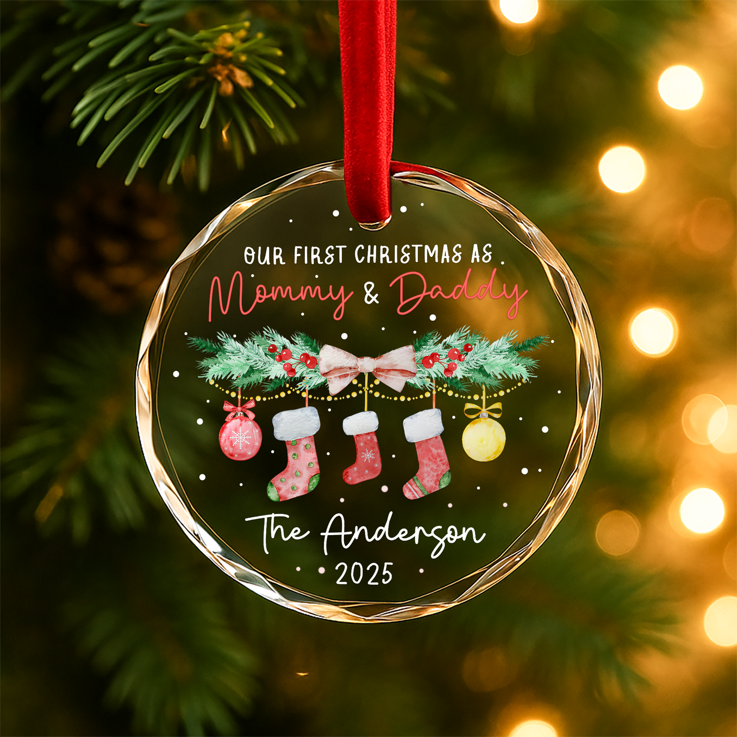 Our First Christmas as Mommy Daddy Stocking Garland Custom Glass Ornament