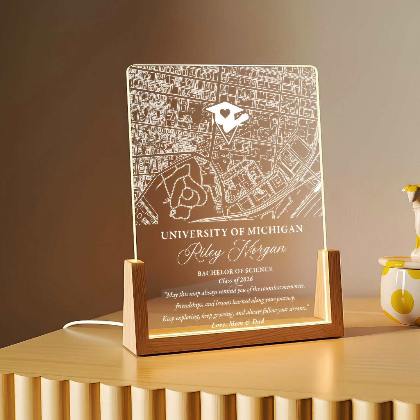 Custom Graduation Map LED Plaque – Personalized University Gift with Name, Degree & Class Year