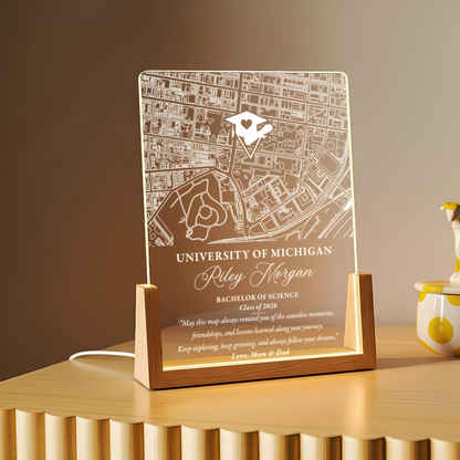 Custom Graduation Map LED Plaque – Personalized University Gift with Name, Degree & Class Year
