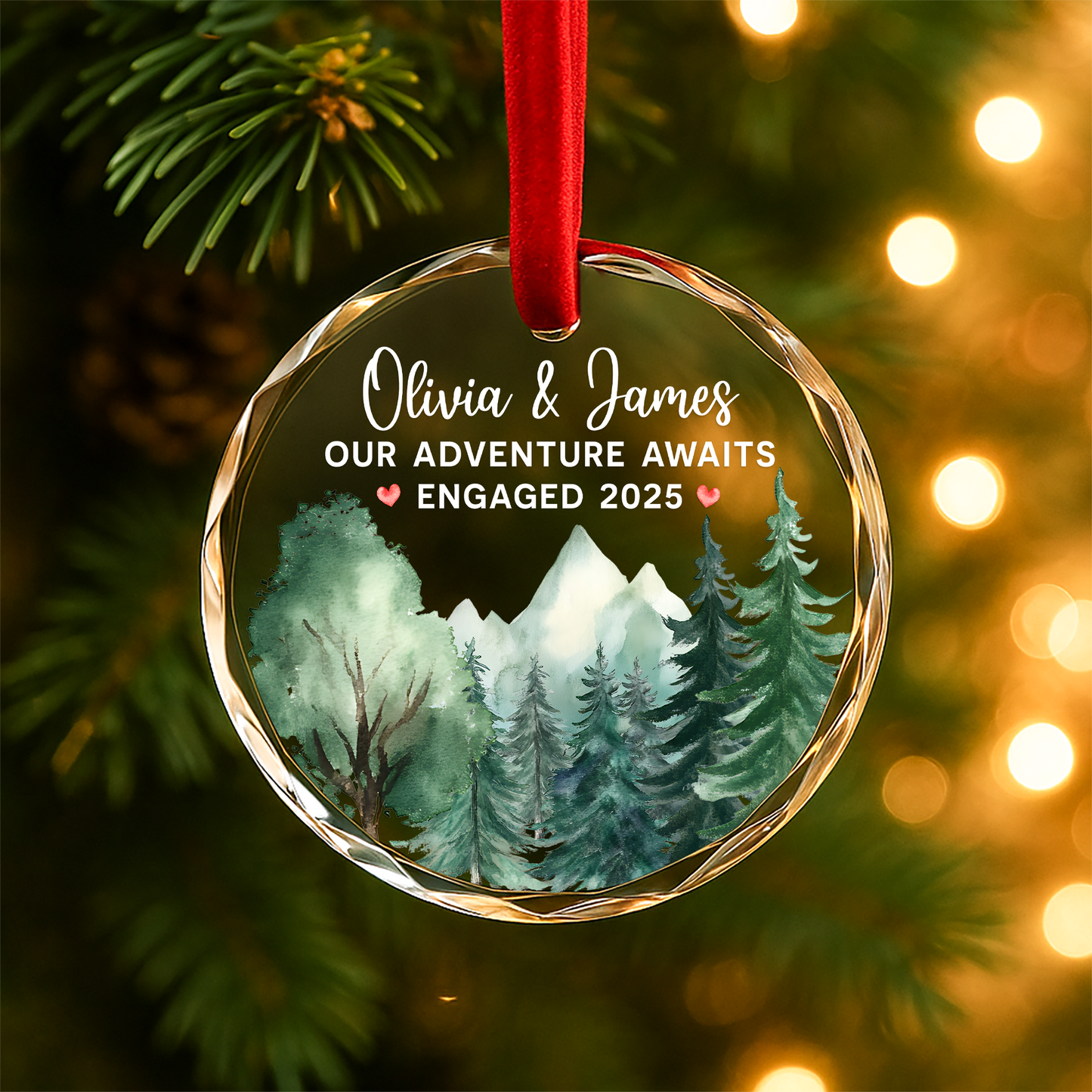 Our Adventure Awaits, Engaged 2025, Mountain Forest Watercolor Ornament