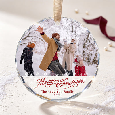 Personalized Merry Christmas Glass Ornament – Custom Snow Day Family Photo, Last Name and Year, Winter Memories Keepsake Gift