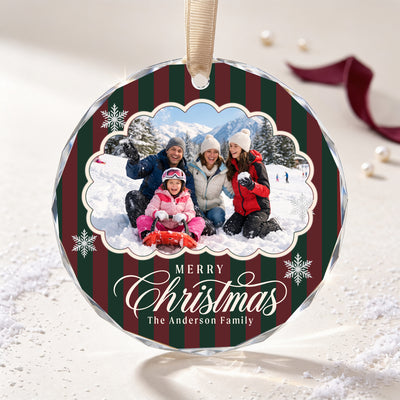 Personalized Merry Christmas Glass Ornament – Custom Snow Day Family Photo and Last Name, Vintage Striped Winter Memories Keepsake Gift