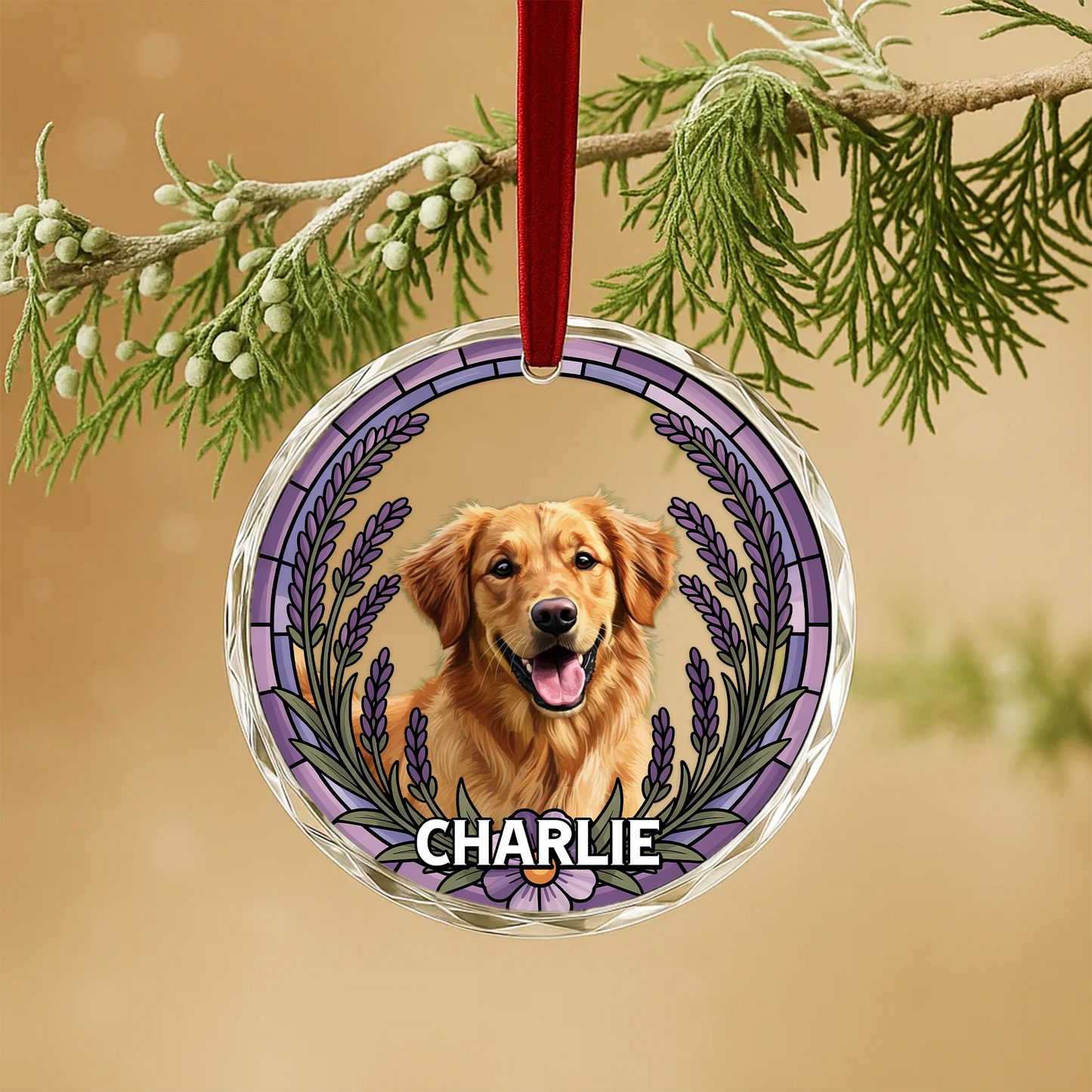 Stained Glass Flower Ornament with Custom Pet Portrait, Personalized Pet Memorial or Christmas Gift