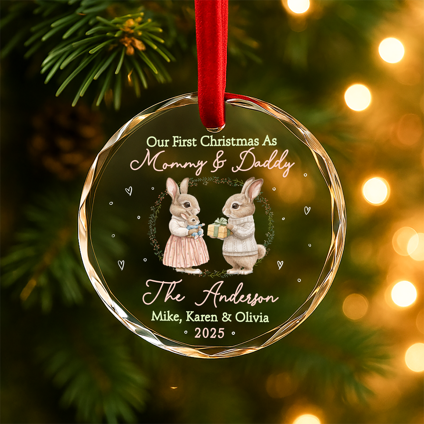 Our First Christmas as Mommy Daddy Bunny Couple Custom Glass Ornament