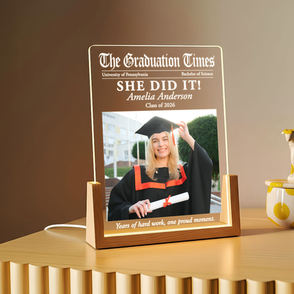 Personalized Graduation Newspaper LED Plaque – Custom Photo, Name & School Gift for Class of 2026