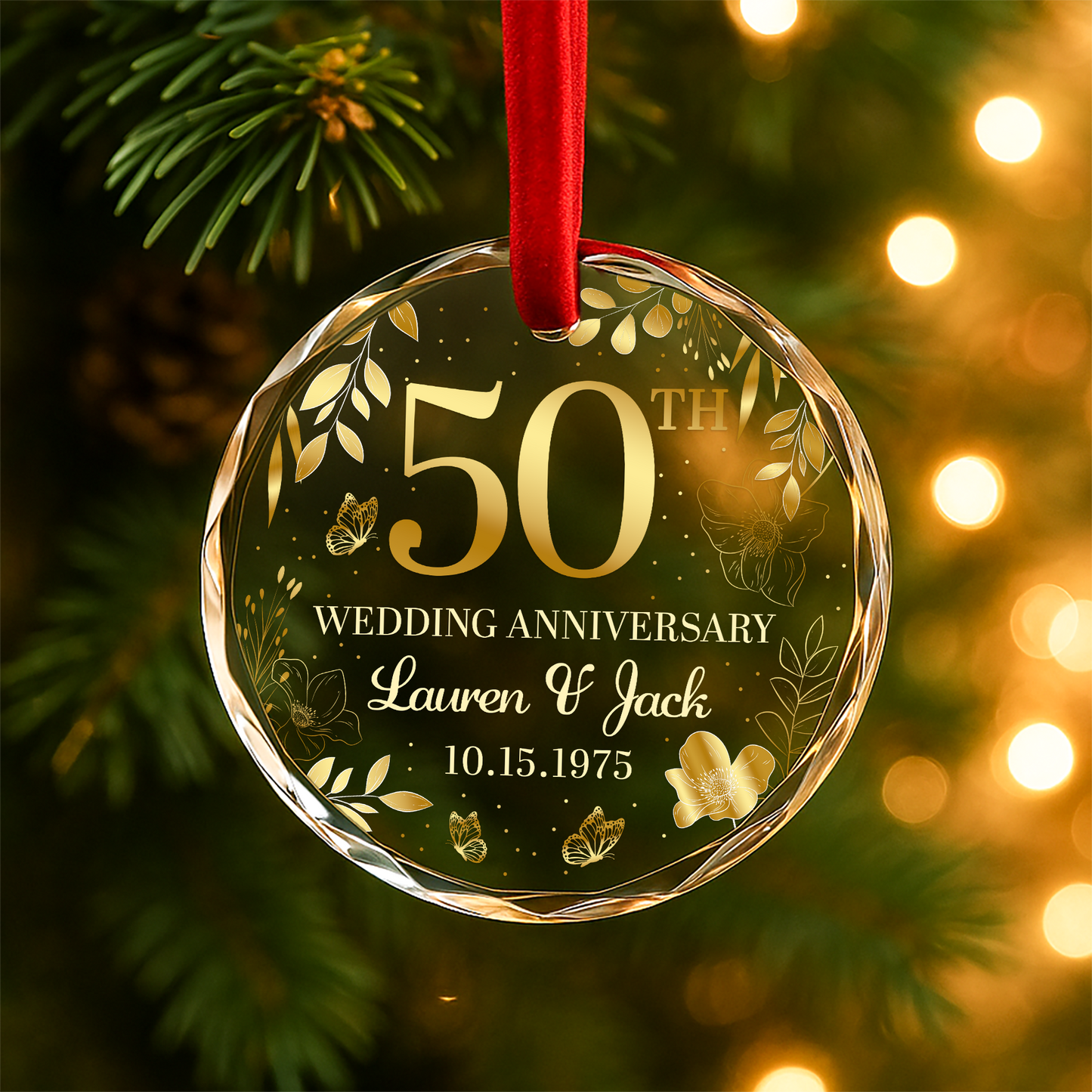 50th Wedding Anniversary Gold Floral Custom Glass Ornament