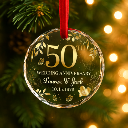 50th Wedding Anniversary Gold Floral Custom Glass Ornament