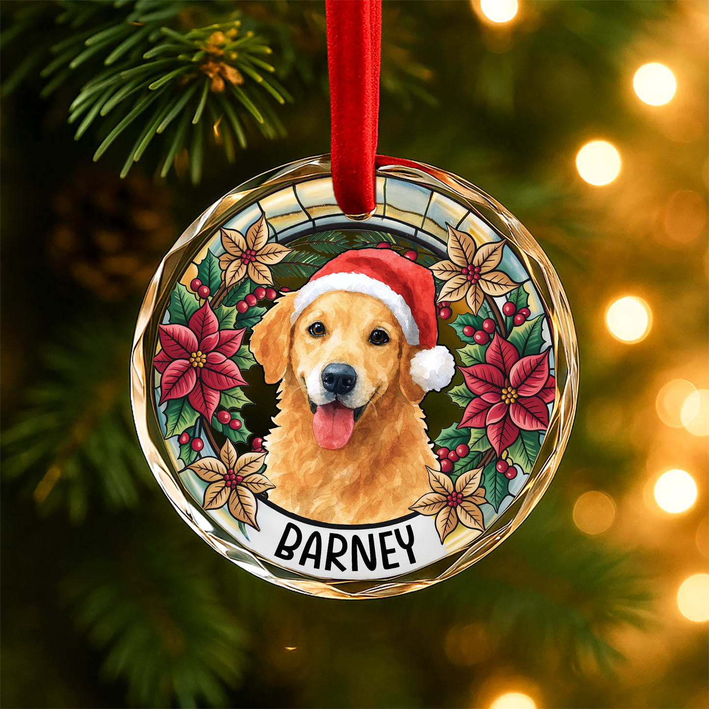 Custom Pet Portrait Christmas Wreath Glass Ornament