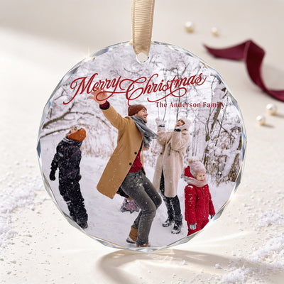 Personalized Merry Christmas Glass Ornament – Custom Snow Day Family Photo and Last Name, Winter Memories Keepsake Gift