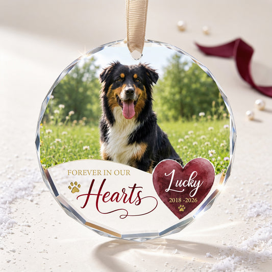 Forever in Our Hearts Dog Memorial Glass Ornament – Personalized Pet Photo, Custom Name and Dates Keepsake
