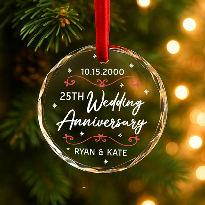 25th Wedding Anniversary Red Flourish Custom Glass Ornament