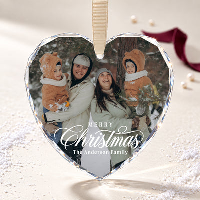 Personalized Merry Christmas Heart Glass Ornament – Custom Winter Family Photo and Last Name, Christmas Memories Keepsake Gift
