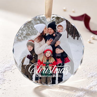 Personalized Family Christmas Glass Ornament – Custom Family Photo and Name, Merry Christmas Family of Five Keepsake Gift
