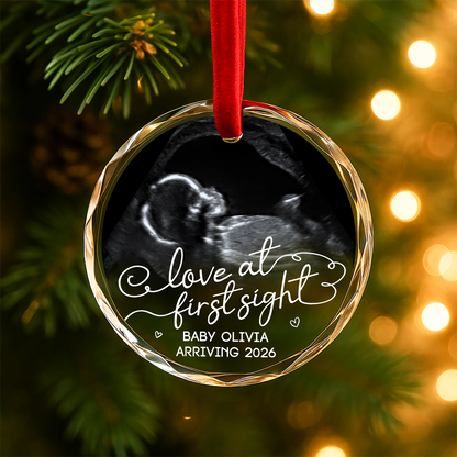 Love at First Sight Ultrasound Baby Announcement Custom Glass Ornament