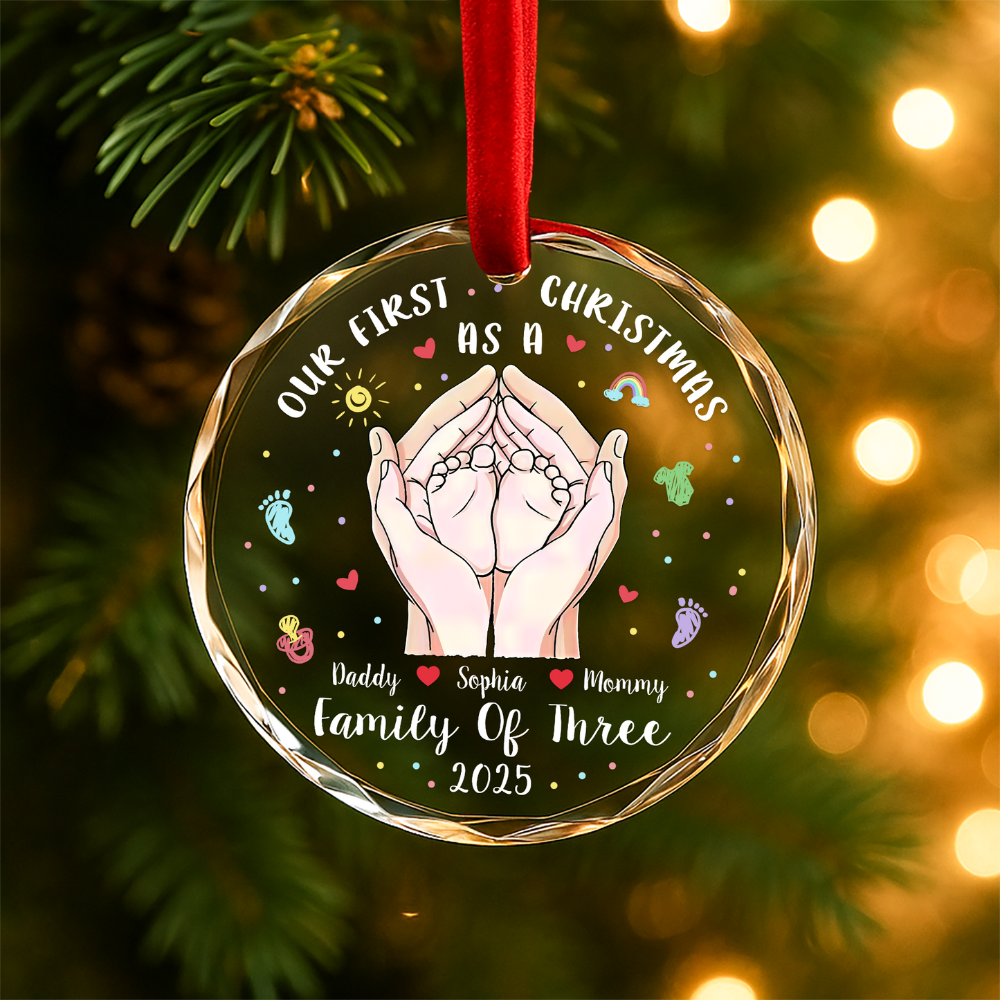Our First Christmas as a Family of Three Hands & Baby Feet Ornament