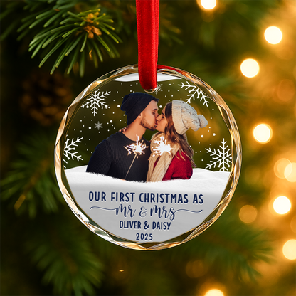 Our First Christmas as Mr and Mrs Couple Photo Custom Glass Ornament