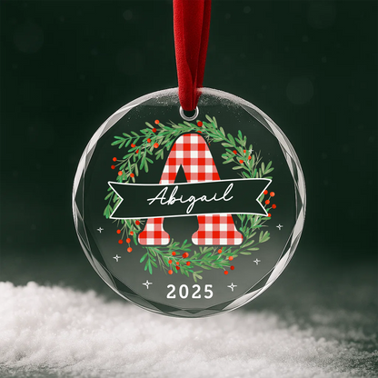 Gingham Letter Wreath with Name Custom Glass Ornament