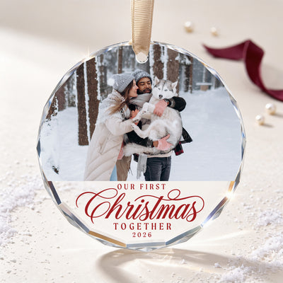 Personalized First Christmas Together Glass Ornament – Custom Couple and Dog Photo, Year 2026, Pet Parents Christmas Keepsake Gift
