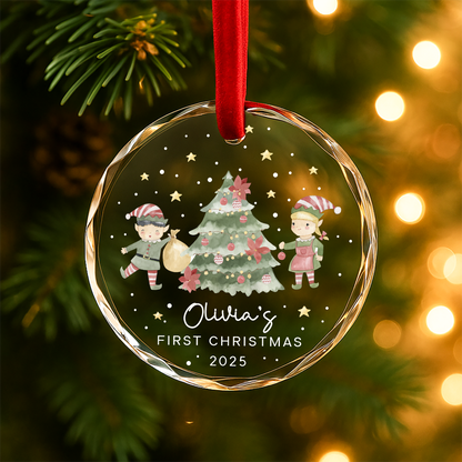 My First Christmas Elves and Tree Custom Glass Ornament