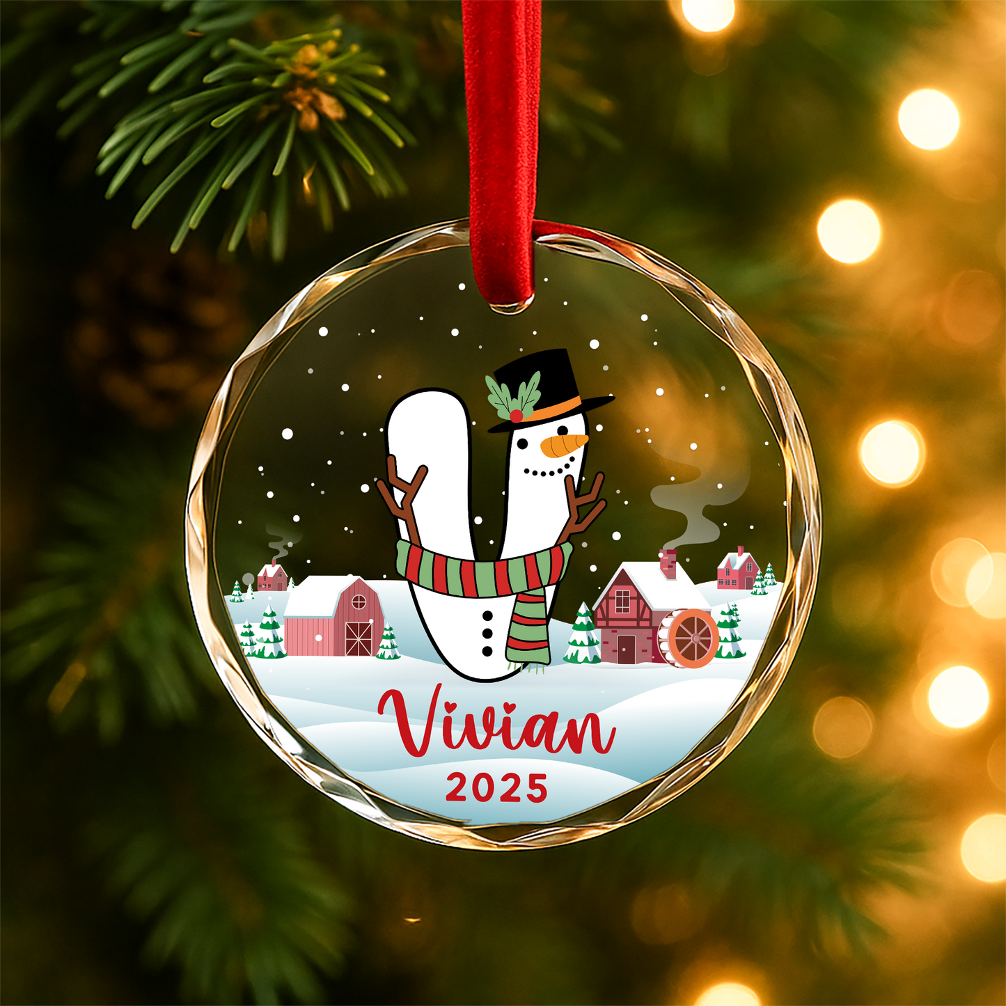 Monogram Letter Name Snowman Custom Glass Ornament