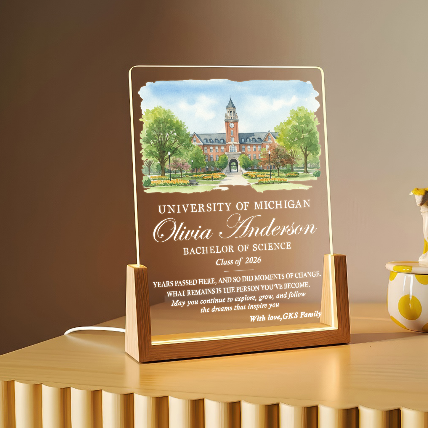 Personalized Graduation LED Plaque – Custom University Illustration Gift with Name & Degree